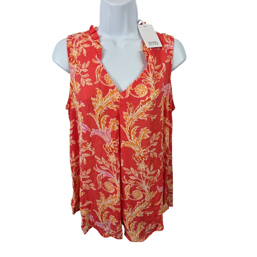 Rose + Olive Womens Orange Floral Ruffle V-Neck Sleeveless Blouse Size M ~ NEW